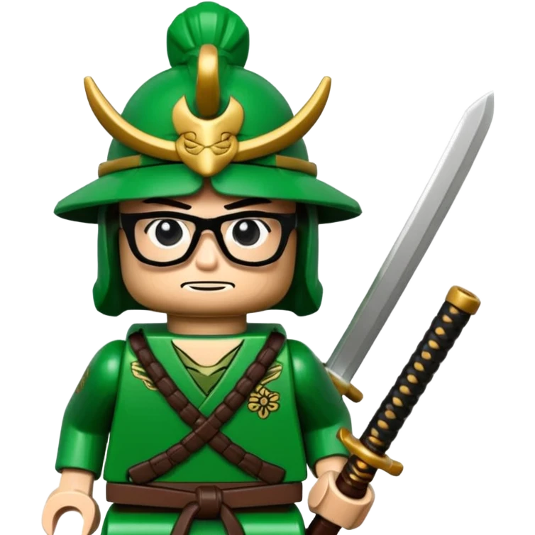 lego Samurai with glasses, Warrior in green samurai armor, with katana emoji