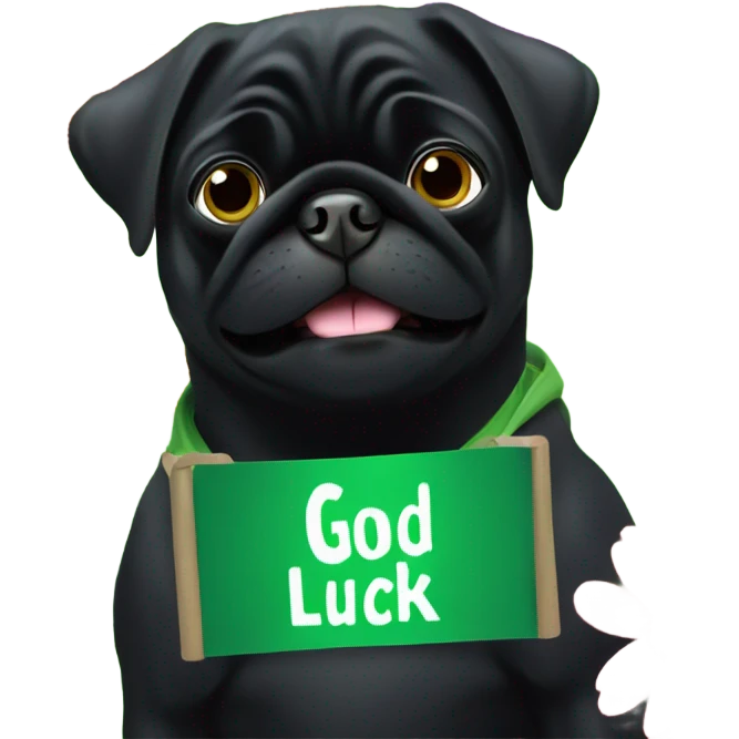 Black pug , surrounded by flowers, holding a green sign that says “good luck”  emoji