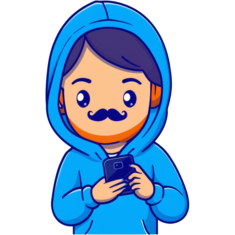Girl with mustache in blue hoodie and phone emoji