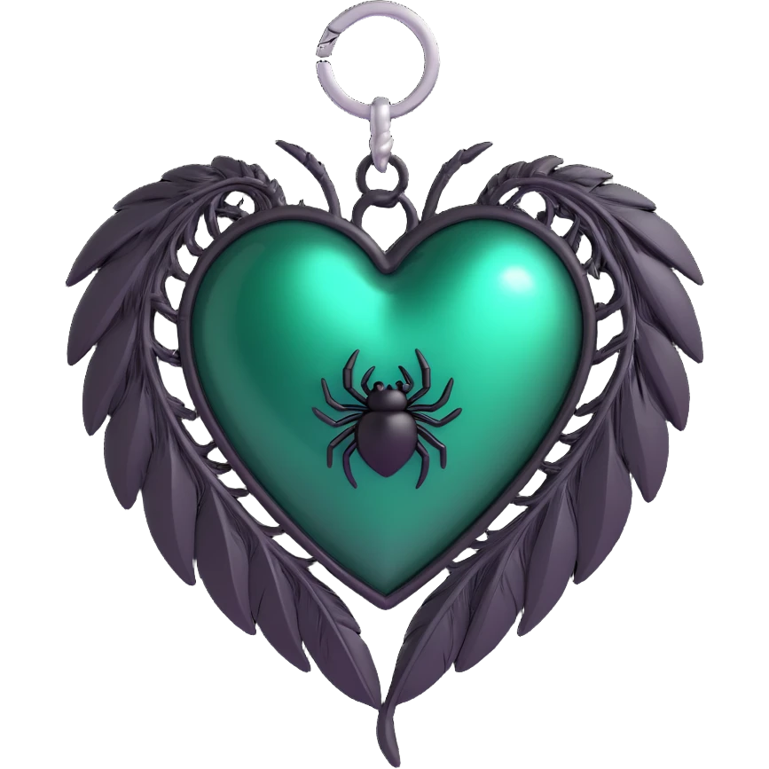 3D emoji gothic heart, dark emerald glass texture, silver spider charm, feather accents emoji
