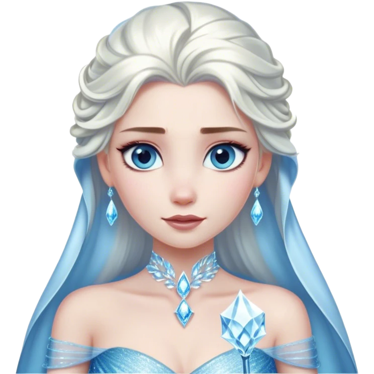 Cinematic Elegant Snow Queen Portrait Emoji, rendered in a realistic, vector-style with minimal shading and bold, simplified shapes. Depict Elsa (chest and above) with icy pale skin, long flowing platinum hair, and piercing blue eyes that exude quiet power, dressed in a shimmering ice-blue gown. The image glows with a soft, frosty radiance and high shine, capturing her ethereal, regal beauty. emoji