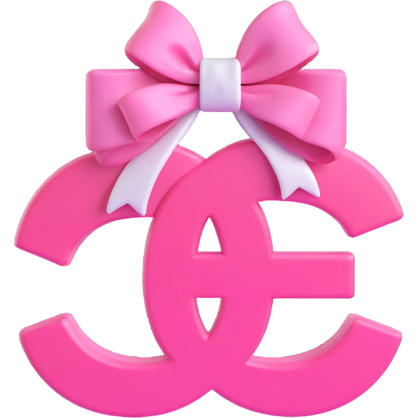 Replace the logo with the authentic interlocking double C Chanel logo, keep the bow pink and white, glossy, 3D emoji style, no background. emoji
