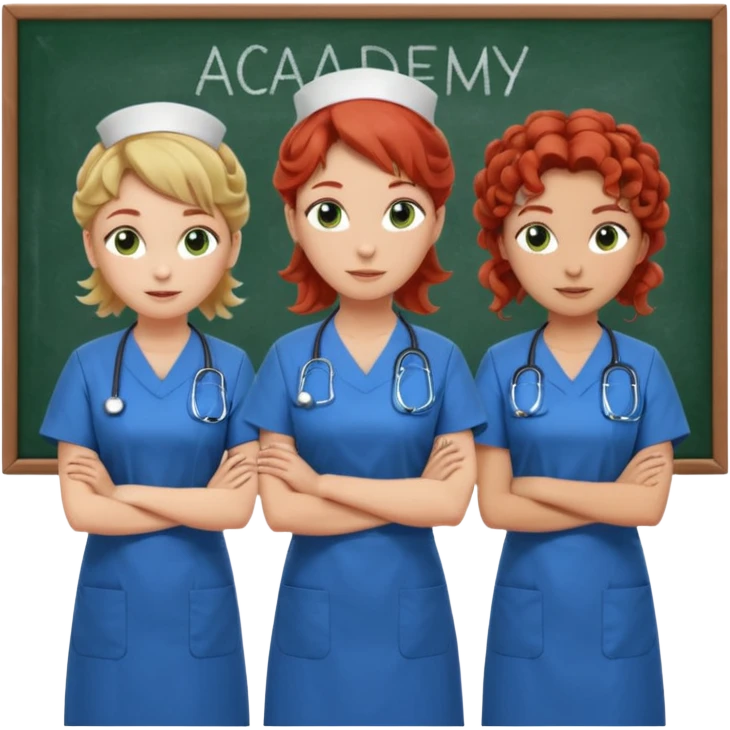 3 nurses: nurse 1 is wearing green work clothes, curly hair, middle european. nurse 2 is wearing blue work clothes, blond straight hair, scandinavic, nurse 3 is wearing white work clothes, red hair put into a bun, slavic. they all stand in a classroom, "Academy" written in white on board emoji