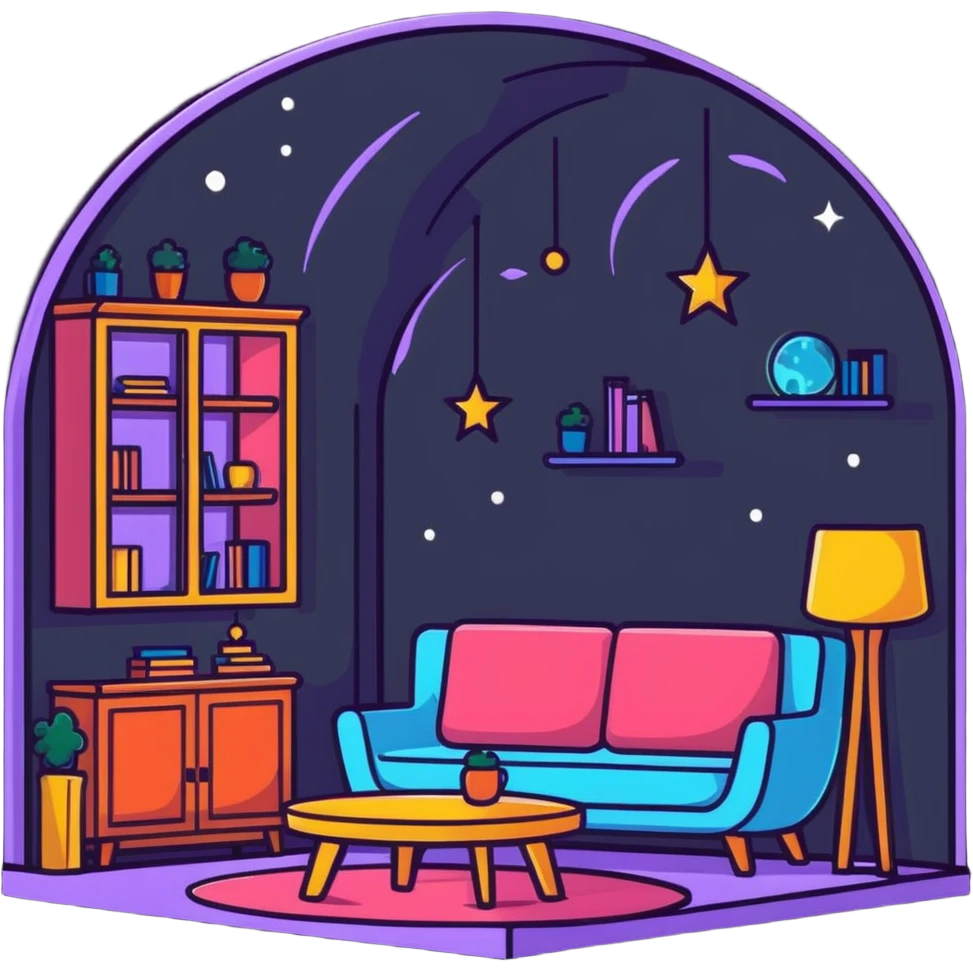 cozy room with furniture and magical sparkles floating above the furniture emoji