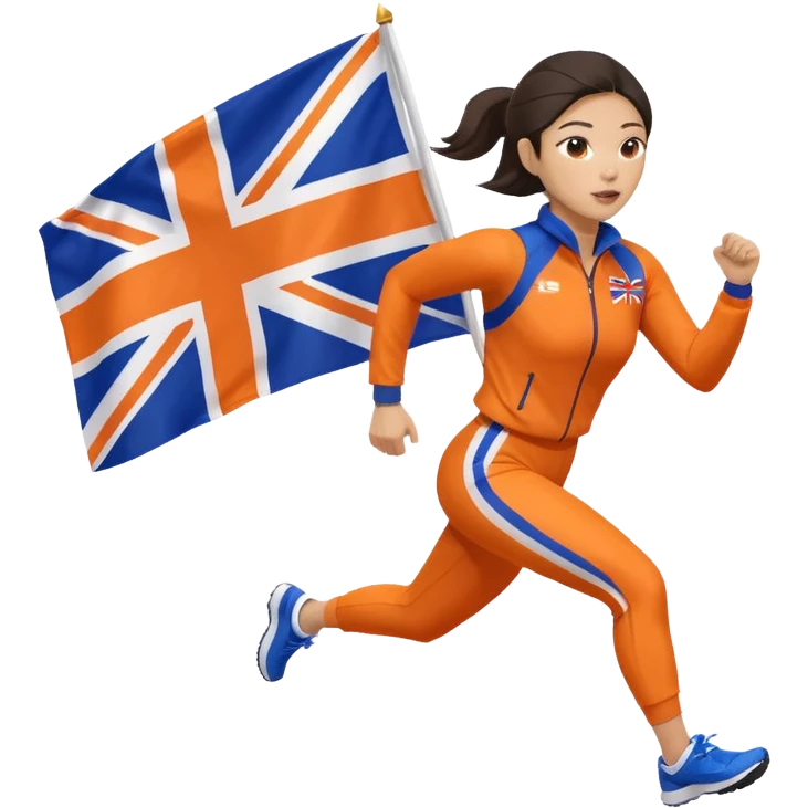 asian woman in orange sport suit and holding uk flag on the back, running emoji