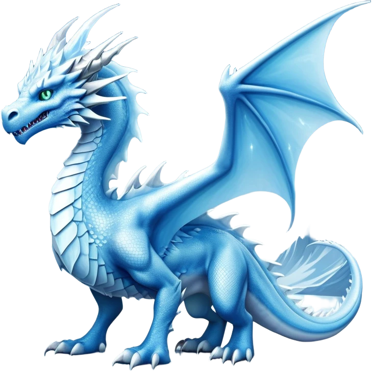 Cinematic Noble Fierce Ice Dragon full body Emoji, Poised and imposing, distinct long elegant snout, with a slender, scaled body shimmering in glacial hues of icy blue, frostbitten silver, and crystalline white, breathing out frost, with piercing, glowing eyes that radiate the chilling depths of an arctic storm; rendered in detail. displaying its wings emoji