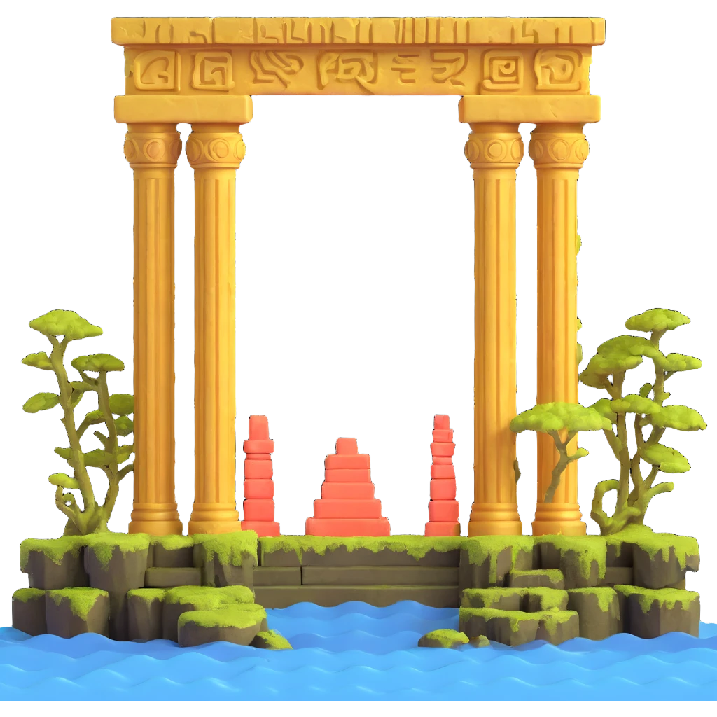 ruined Anunnaki golden underwater temple, broken pillars, ancient symbols, moss and coral emoji