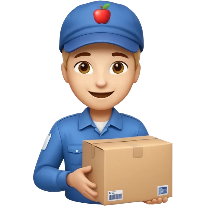 3D Apple-style emoji of a delivery worker holding a cardboard package. Wearing a cap and uniform shirt, smiling expression. Rounded, glossy, smooth, soft shadows, white background.




 emoji