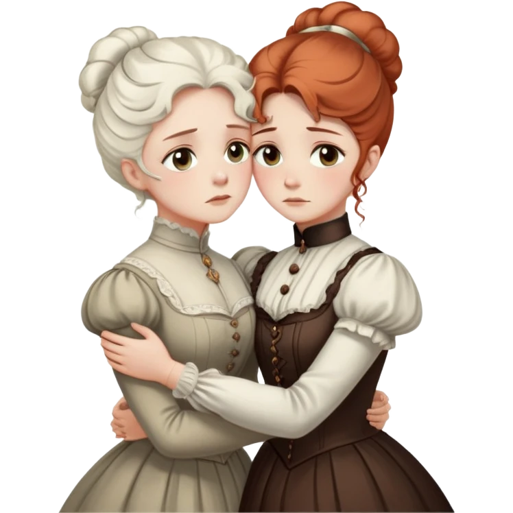 Two Victorian women with light eyes, one with white coiffed hair and one with copper coiffed hair, wearing Victorian high-neck dresses, embracing in a sad intimate hug emoji