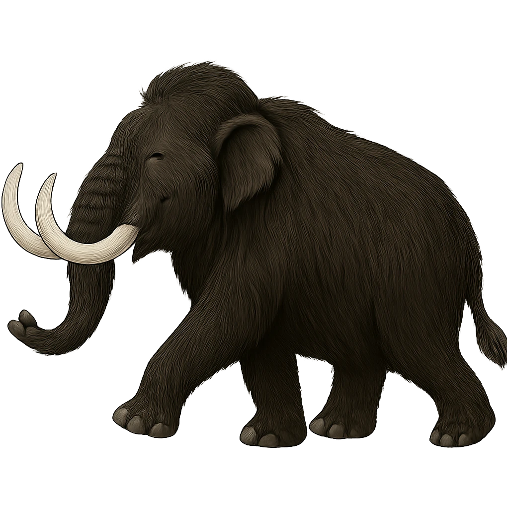 profile side view of a happy wooly mammoth with black fur and two white tusks, walking mid stride, no background emoji