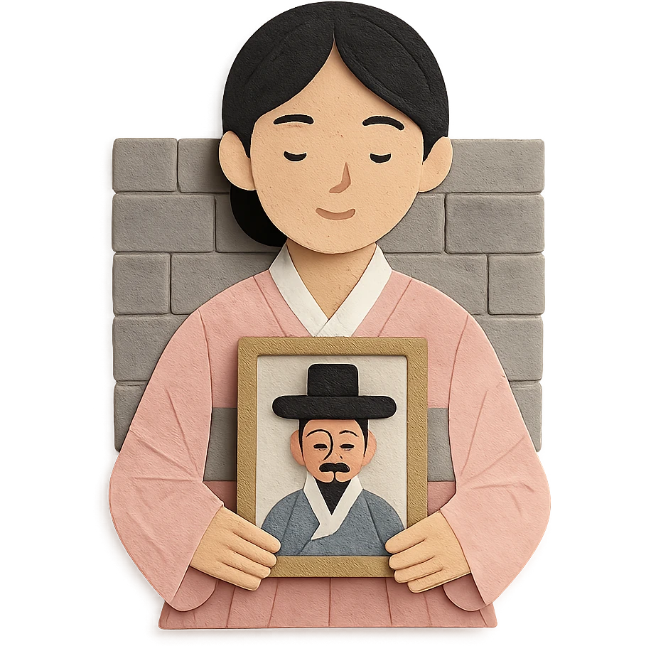 a young woman in a pale pink, sheer hanbok holding a traditional Korean portrait in front of a grey stone wall, paper craft style emoji