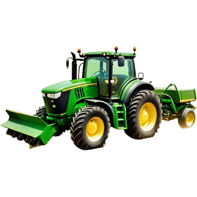 John Deere 6155M (2020) – Cinematic-realistic John Deere 6155M tractor, its iconic green and yellow body rolling across vast Australian farmlands. The powerful engine hums as it tows a massive plow, cutting through golden fields under a clear blue sky, dust rising in its wake. emoji