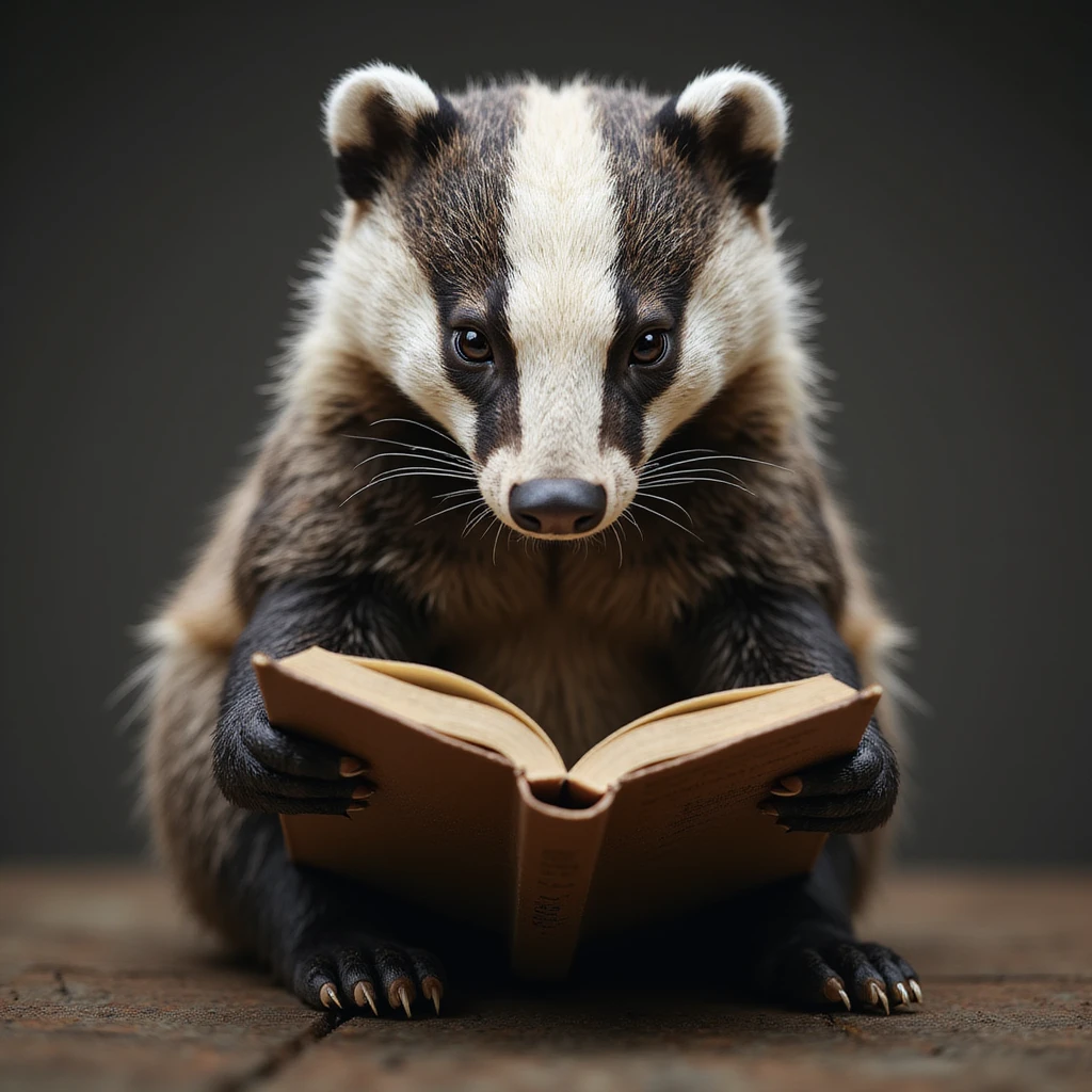 a realistic badger reading a book, photorealistic style emoji