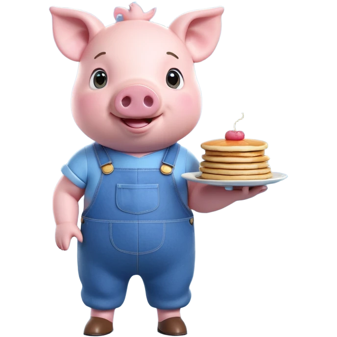 A cute 3D cartoon pig character with a big round nose, pink cheeks, and expressive eyes, standing upright in blue overalls. The pig has two small ears on top of its head, a friendly smile, and is holding pancakes with syrup and butter in both hands. The style is bright, playful, and similar to animated children's TV characters. White background. emoji