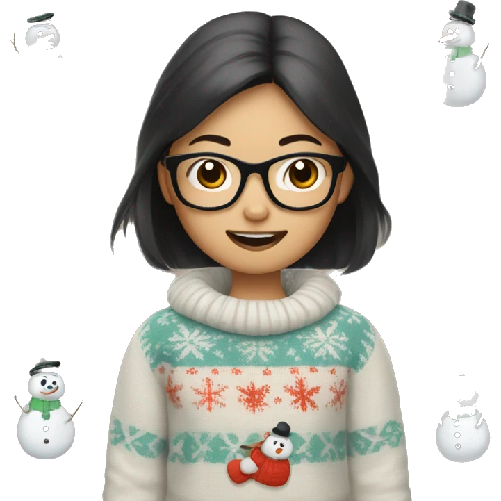 asian girl with glasses and snowman sweater shaking cowbell emoji