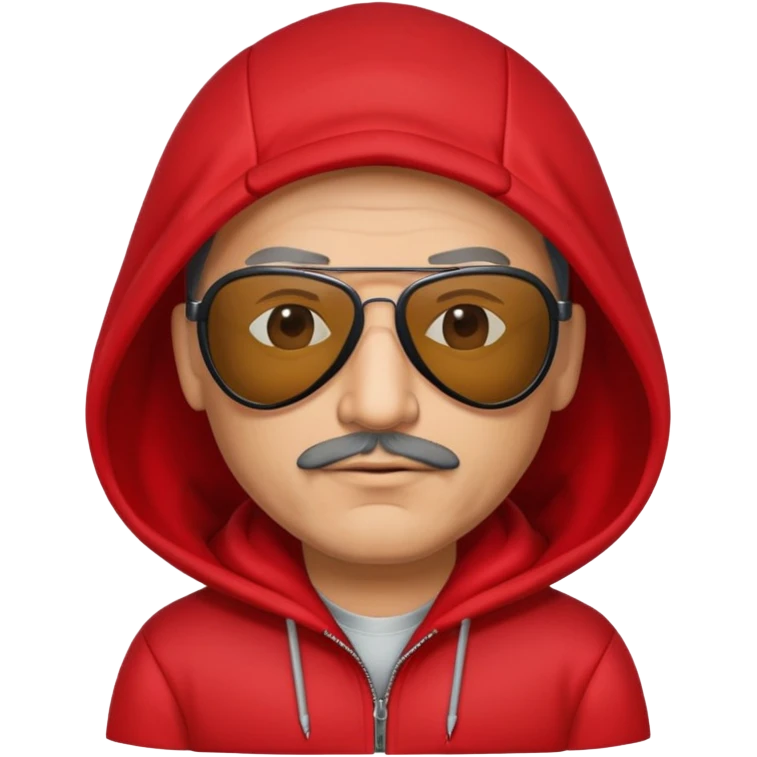 50-year-old man with slight stubble on upper lip, black aviator sunglasses, wearing a red hoodie with hood up emoji