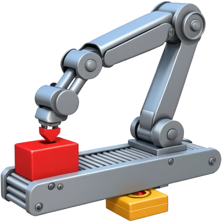 robot arm which is picking block on conveyor belt emoji