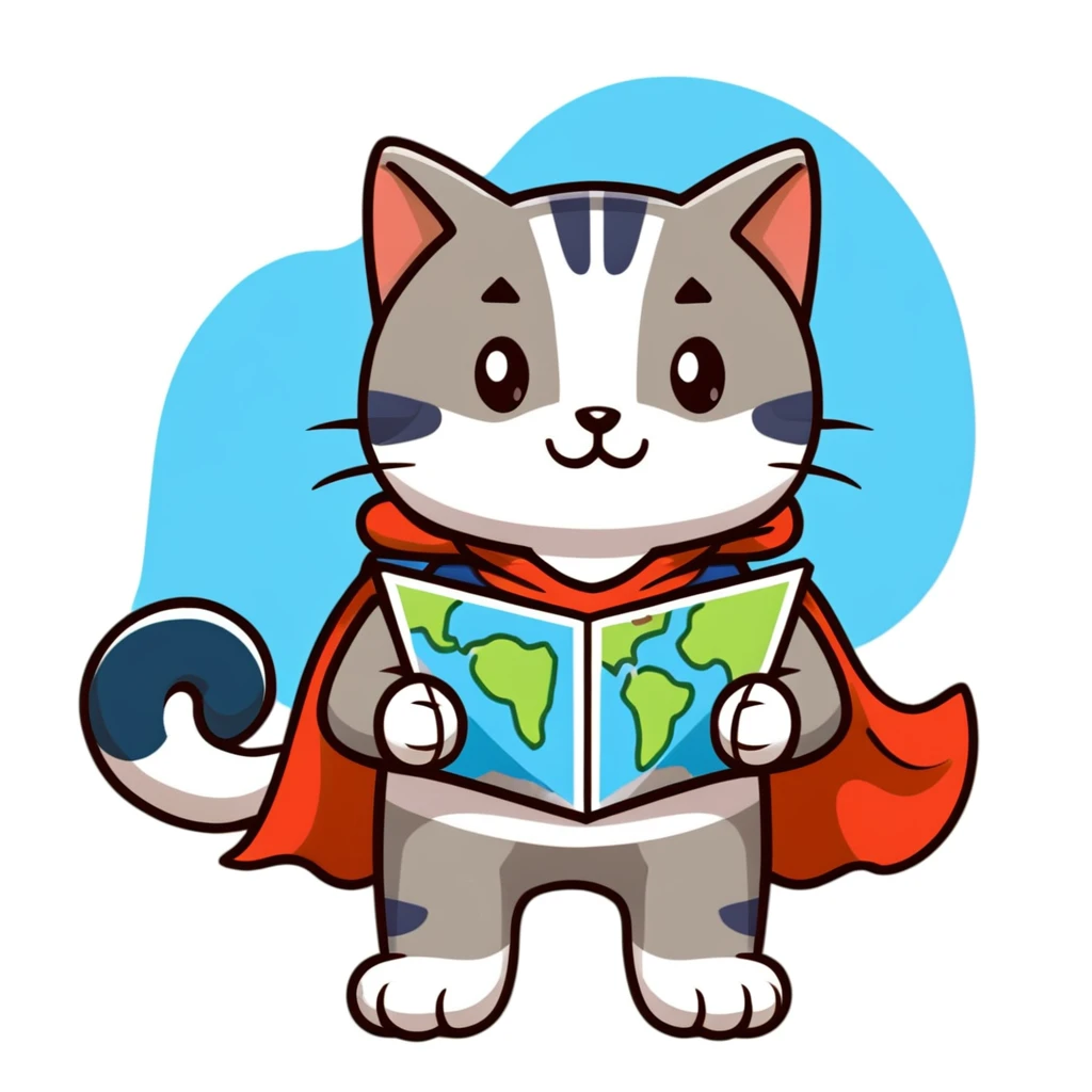 Explorer cat with map in paws, mountains and starry sky background, wearing explorer outfit with flowing cape, gazing at horizon emoji