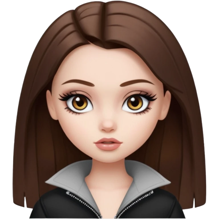 pale skin, girly bratz baddie, beautiful eyes, eyeliner, medium length straight brown hair emoji