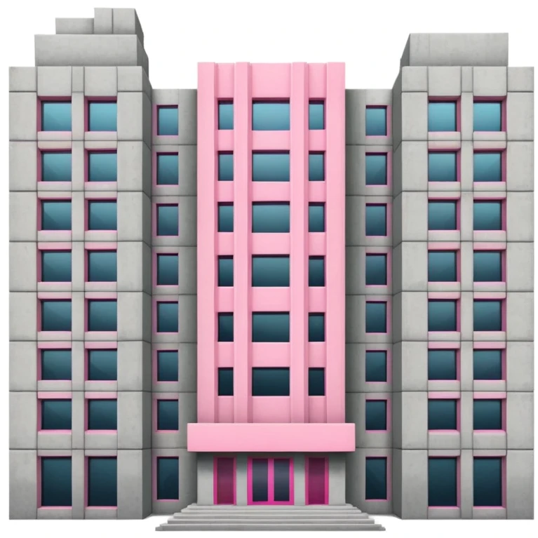 Brutalist concrete government building with one distinctive pink window and many standard windows emoji