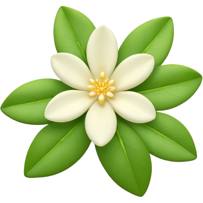 iOS-style 3D emoji: a delicate jasmine flower with five white petals, soft yellow center, and glossy green leaves emoji