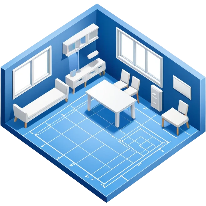 blue blueprint plan with white lines, isometric angle, shaded furniture or objects emoji