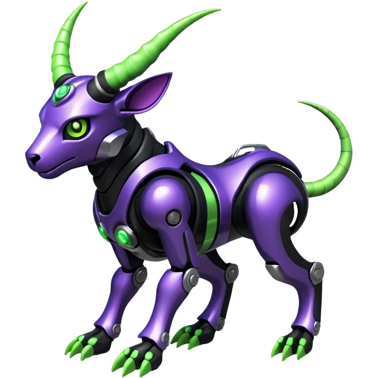 Futuristic mechanical cyborg horned modern badass cool shiny metallic alloy black-obsidian purple neon-green white lime animal hybrid Fakemon full body with intricate patterns emoji