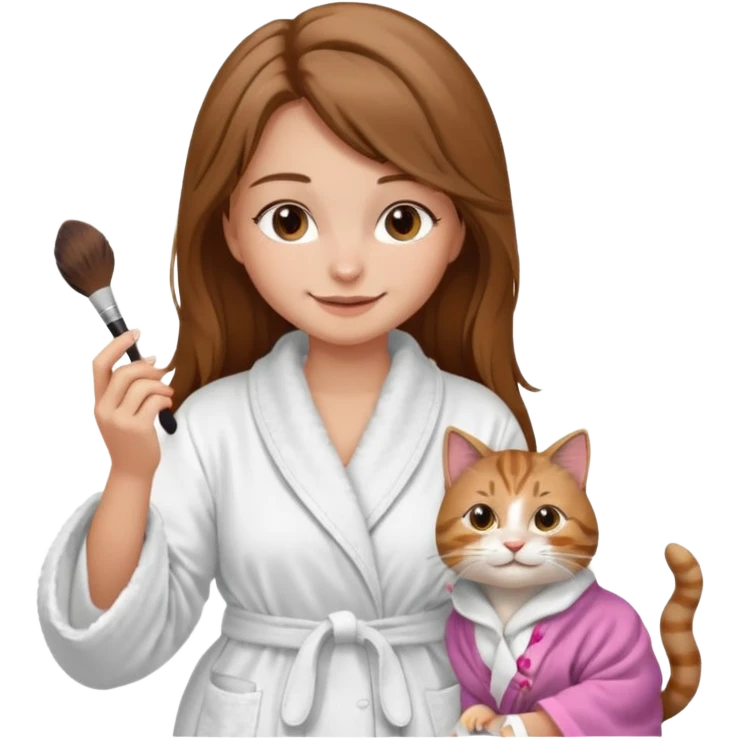 A image of a girl with light long brown hair wearing a bathrobe doing her makeup with her chubby grey tabby cat. She is smiling emoji