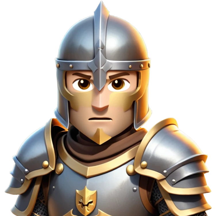 clash-of-clans-aesthetic_-cinematic-fearsome-and-majestic-knight-bust-portrait-emoji, rendered in a flat, vector-style with minimal shading and bold, simplified shapes, depicting a battle-ready medieval knight with steely eyes and intricate armor, riding on a black warhorse looking regal reflecting sunlight over a misty battlefield. emoji