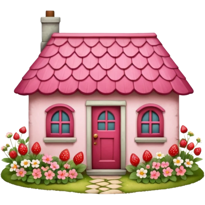 Cottagecore whimsical cute, vintage vibe, small pink roof cottage with a garden full of different colored wild flowers and realistic red strawberries, with a vintage antique door. Still life design. emoji