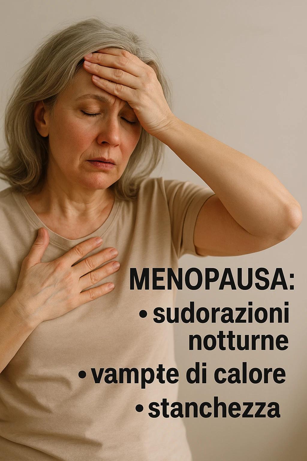 Donna in menopausa con sintomi evidenti. immagini specifiche, se usi testo deve essere in italiano. immagini realistiche 4k emoji