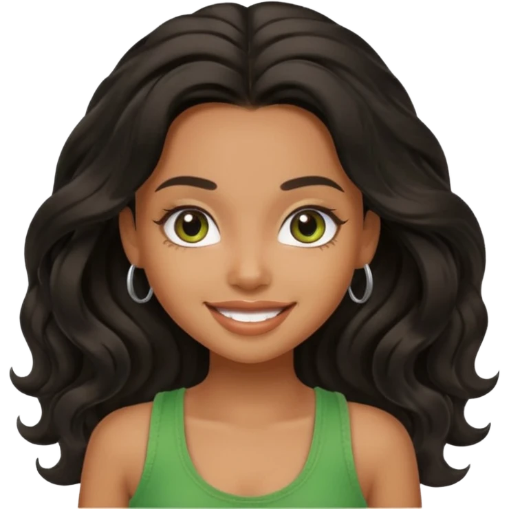 a pretty bratz brown girl with long wavy black color hair, brown eyes and green tank who is smiling emoji