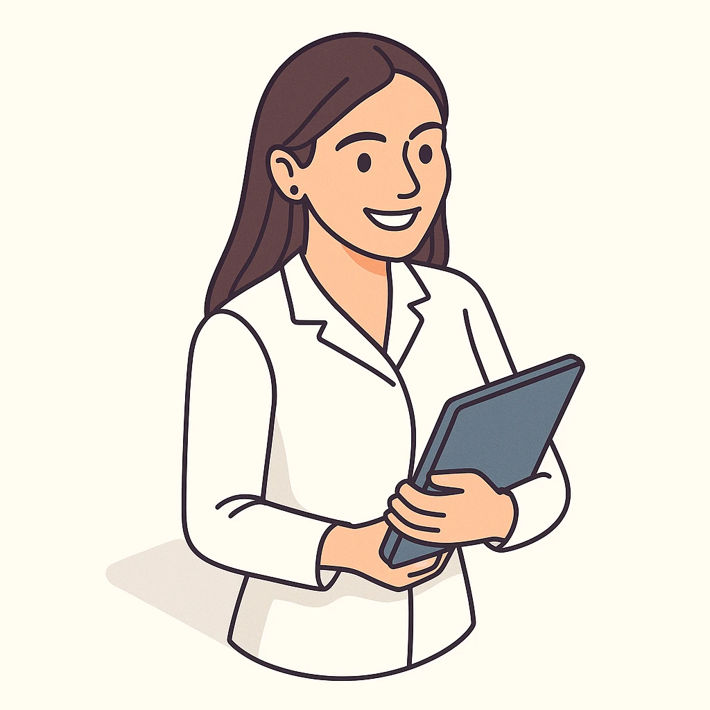 Edit the image of a female doctor with dark long straight hair and brown eyes, smiling, wearing a white medical coat in 2D isometric style with a minimalist background. Add a variation where she holds a tablet or notebook in her hand. emoji