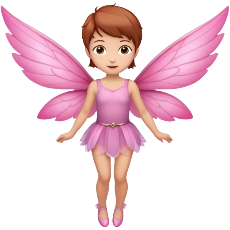 fairy with brown eyes pixie haircut chestnut color with pink wings full length in flight emoji