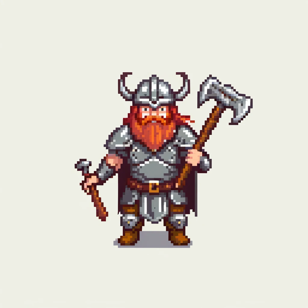 ginger viking warrior with red beard, horned helmet and metal armor, battle axe emoji