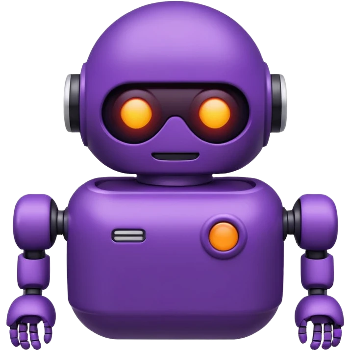 Cute deep purple robot emoji, pill-shaped body, dark visor with glowing white simple eyes and smile. Flat 2D vector art, die-cut sticker with white border, minimalist, white background. emoji