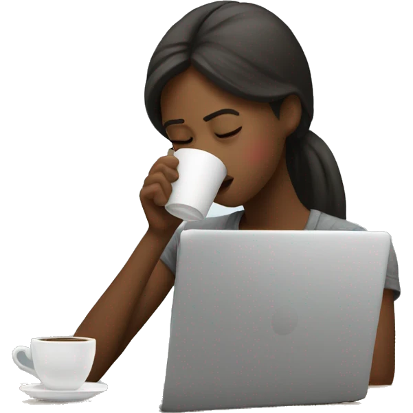 tired girl with laptop drinking a lot of coffee emoji