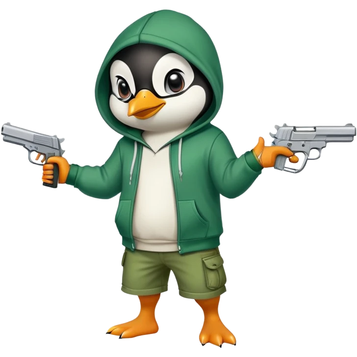 A cute half-dolphin half-penguin thug with a gun, wearing a blood-stained green hoodie and Dollar General shorts emoji