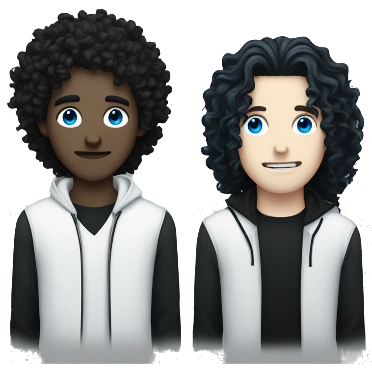 A white goth guy with curly black long hair and blue eyes and a black grunge guy with curly black long hair and they're a couple emoji