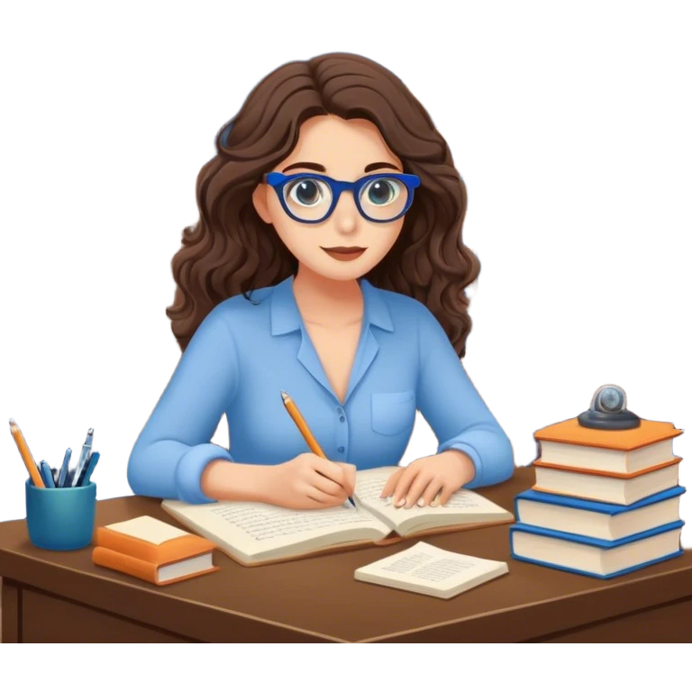 A thin pretty woman with long lashes and beautiful brown eyes also with beaches waves in her brown hair while working as a writer and while writing her new novel with full of ideas in her library room in her own house about to be night while working with her nerdy blue light glasses  emoji