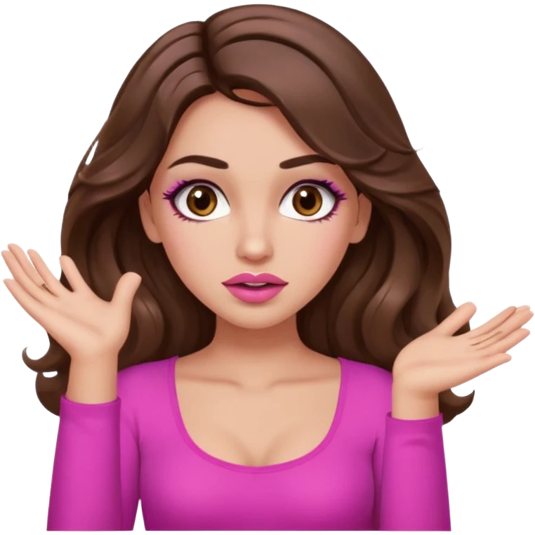 girl with long wavy brown hair, brown eyes, long lashes makeup, sexy pink lips, light to medium complexion, pink sexy top, two hands up, shrugging, confused emoji