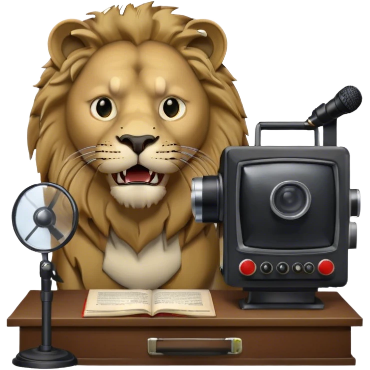 Icon for Documentary TV Show: A TV screen with a microphone, books, historical documents, and scientific symbols. Include a roaring lion or other animal, interview setup with a camera, and a serious-looking news anchor or narrator. Transparent background. emoji