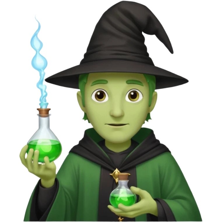 Green-skinned male wizard with a long nose, wearing a black hat and robe, holding a glowing potion bottle emoji