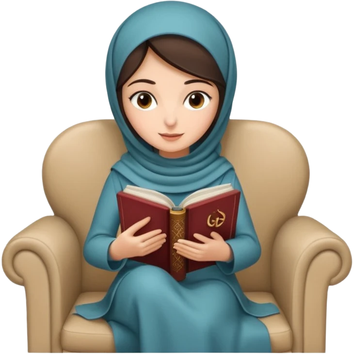 Beautiful brunette Turkish Muslim with fair skin sitting on a beige chair reading Quran  emoji