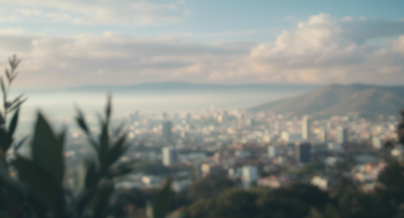 A cinemaatic still of a city, blurred plants in the foreground, shale fly above city sky, rolling hills in the background, cinematic depth of field, layered composition, natural lighting emoji