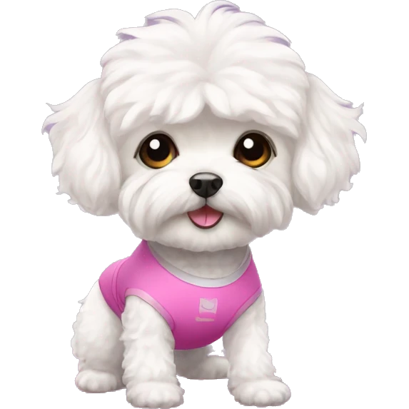 White maltipoo in a yoga outfit with a yoga mat  emoji