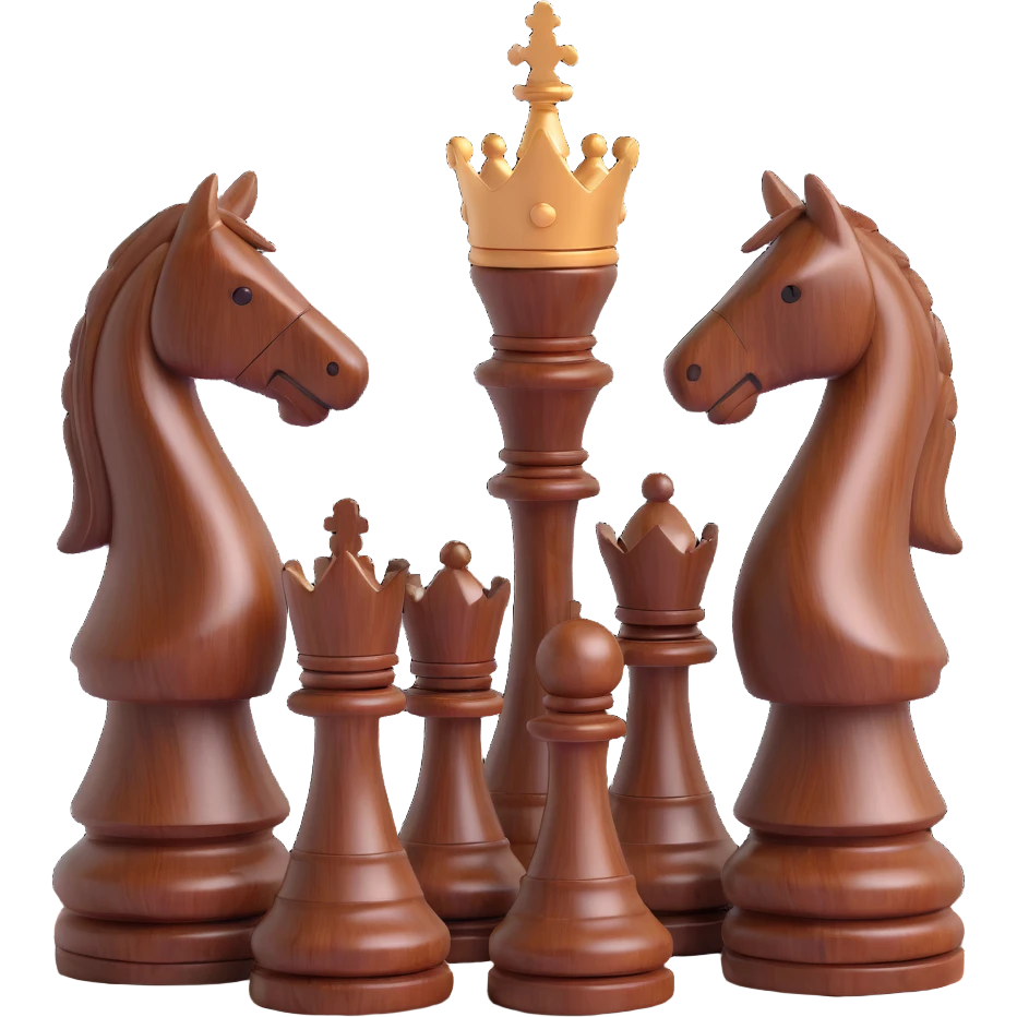 three chess knights, 3D style, dark wood, elegant, high-gloss, grouped, no text emoji