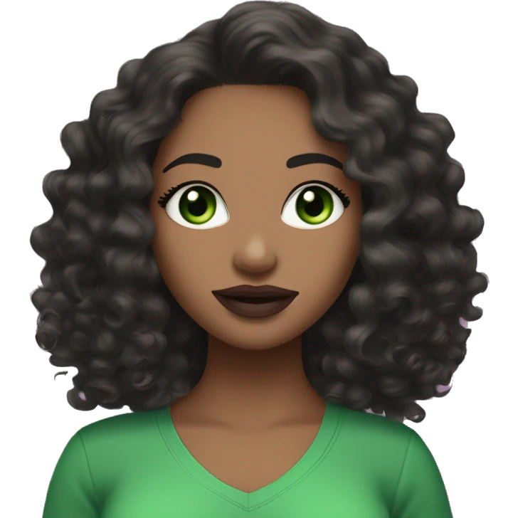 Create an emoji-style character of a white girl with bright green eyes, long black curly or wavy hair, wearing hoop earrings. She has a green v-neck top, wears mascara, and is styled with soft pink mauve lipstick emoji