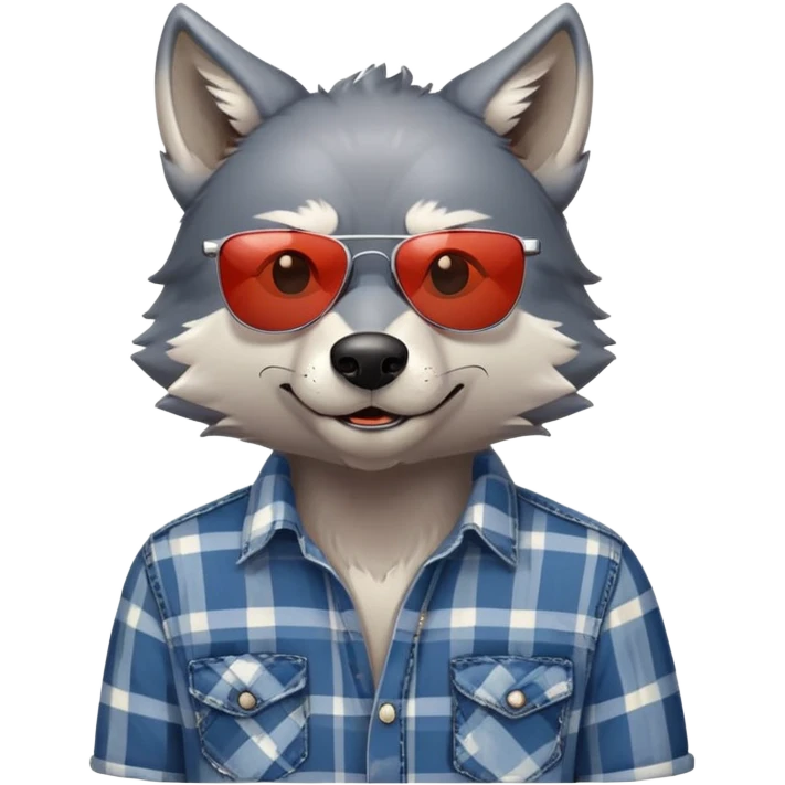 head and shoulders friendly anthropomorphised wolf in plaid shirt and jeans, wearing dark sunglasses, relaxed pose emoji