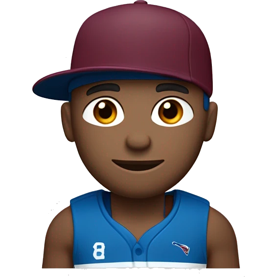 A man in wearing a maroon and blue  sportsgear. He has a maroon and blue coloured sport cap on his head and a slight smile on his face.only front side.the skin colour should be a little lighter.the letter ‘A’ on the top of the handle in burgundy. emoji